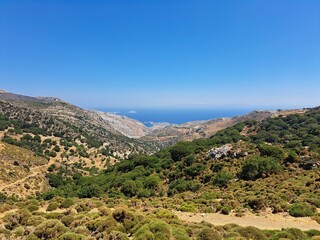 Fototapeta na wymiar Landscape scene of Naxos Island green canyons in Greece with blue sky on the horizon