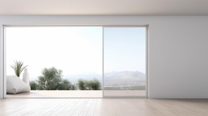 Minimal style modern white empty room with open sliding door. Generative Ai - obrazy, fototapety, plakaty