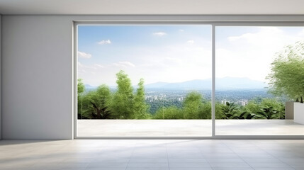 Fototapeta na wymiar Minimal style modern white empty room with open sliding door. Generative Ai