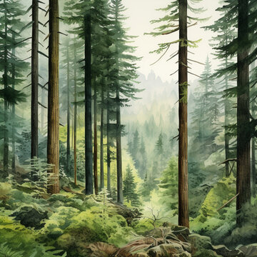 Watercolor image of forestry. Desktop background. Screen saver.