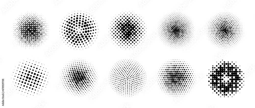Poster halftone gradient circles collection. black dot textured round patterns. comic radial faded backgrou