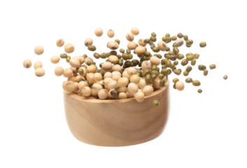 Mix green mung soy beans fall down explosion, several kind bean float explode in wooden bowl. Dried soybean green mung mixed beans splash throwing in Air. White background Isolated high speed shutter