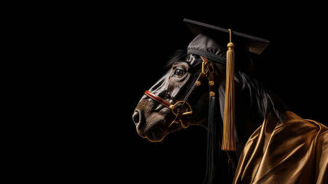 a smart horse in graduation attire on a black background