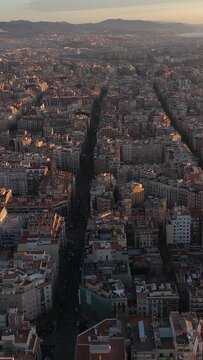 Vertical Video of Barcelona Skyline Typical Building at Sunrise Aerial View
