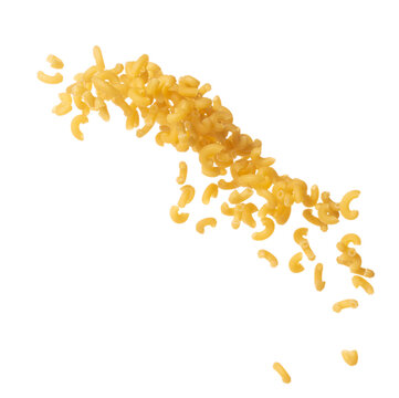 Macaroni flying explosion, yellow macaronis pasta float explode, abstract cloud fly. Curved macaroni pasta splash throwing in Air. White background Isolated high speed shutter, freeze motion