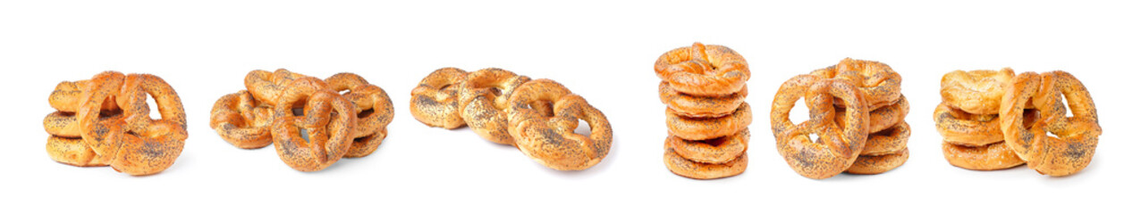 Set of many tasty pretzels isolated on white