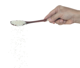 Japanese Rice fall, white grain rices pouring down abstract cloud fly from spoon. Beautiful complete seed rice in air, food object design. Selective focus freeze shot white background isolated