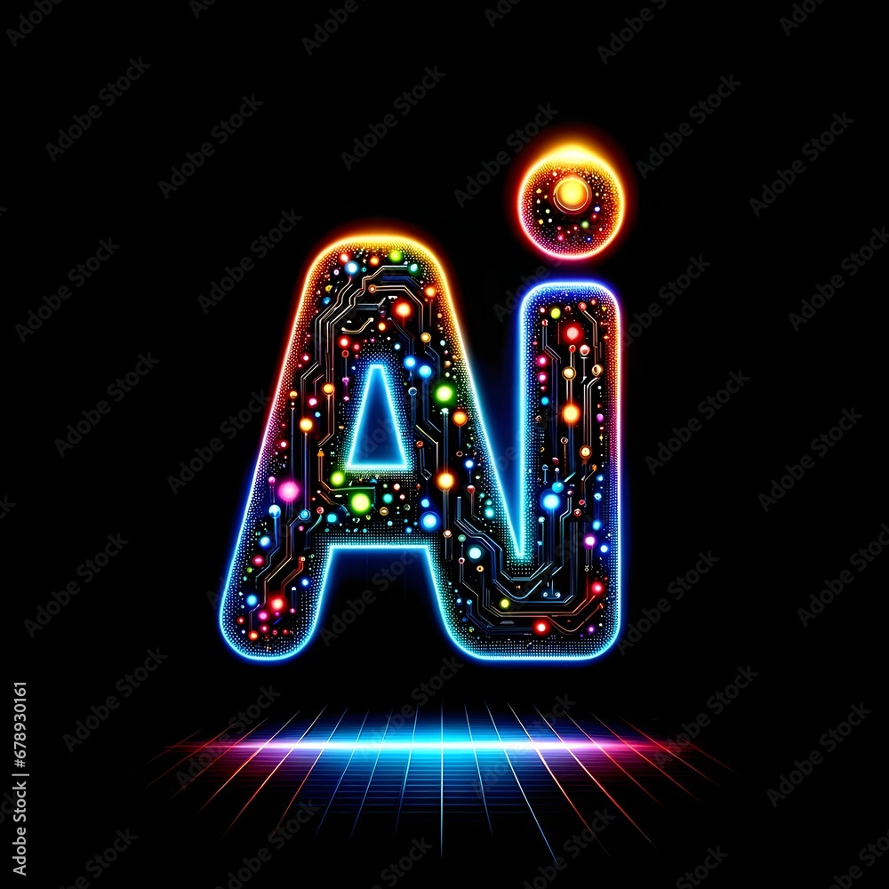 Fototapete Colorful Lights Forming the Letters AI in Computer Graphics, Technology, lights, Artificial intelligence, Created with Generative AI Technology