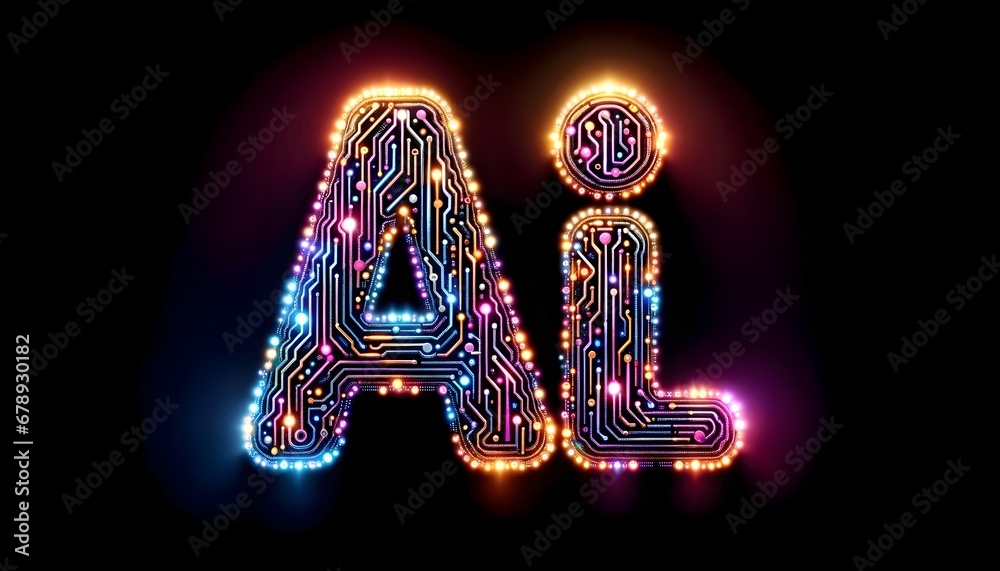Poster a vibrant display of the letters ai with colorful lights and computer graphics, technology, lights, 