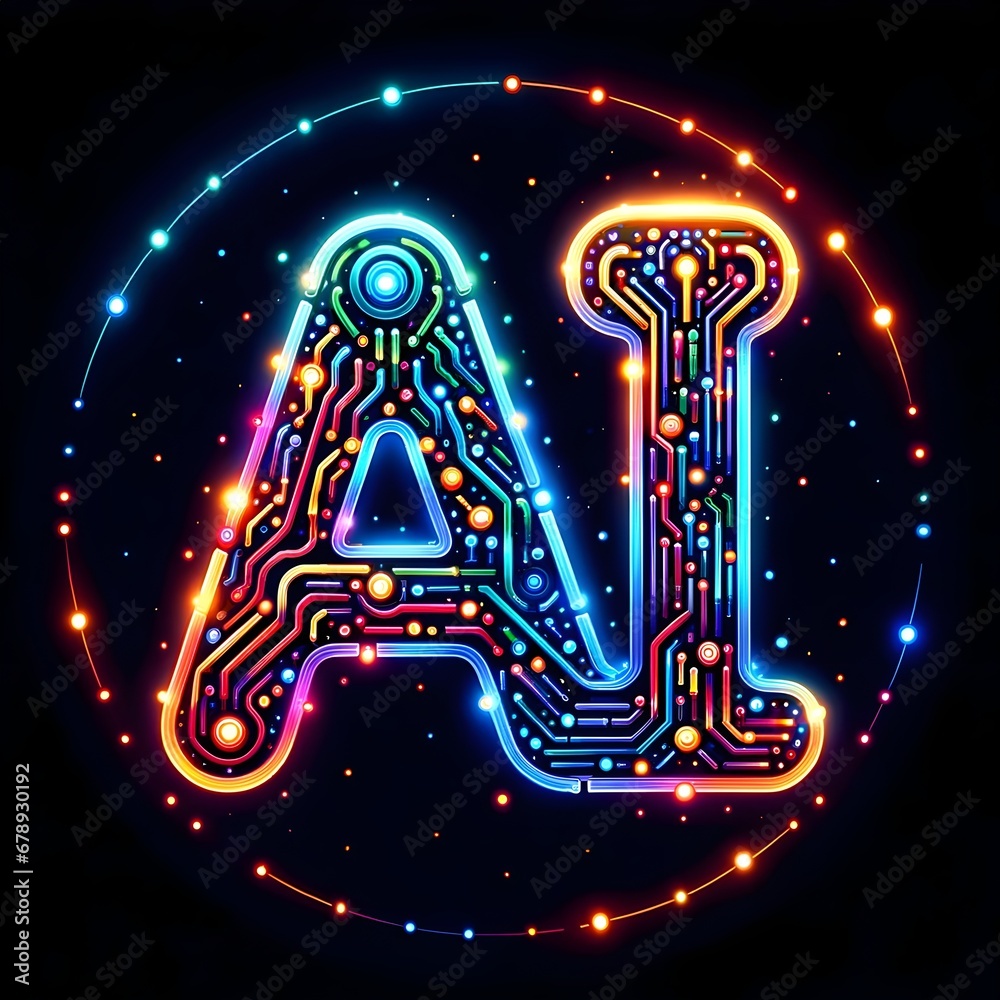 Poster the alphabet illuminated: a vibrant display of the letters ai in computer graphics, with colorful li
