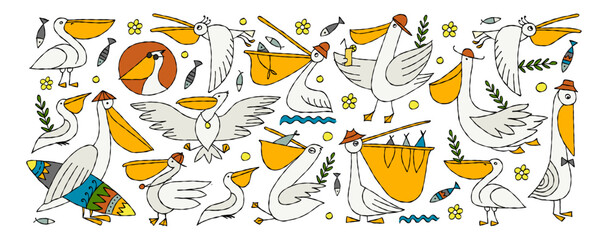 Pelicans family. Funny characters. Horizontal frame for your design - banners, cards, print, mugs etc