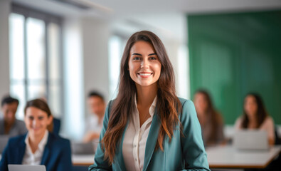 Fototapeta premium Dynamic young professional woman leading a compelling business meeting showing true devotion to her role in the company