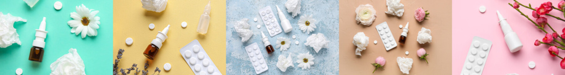 Collage with nasal drops, pills, flowers and tissues on color background. Allergy concept