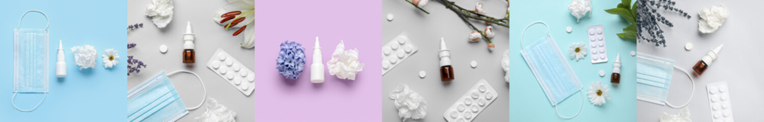 Collage with nasal drops, medical masks, pills, flowers and tissues on color background. Allergy...