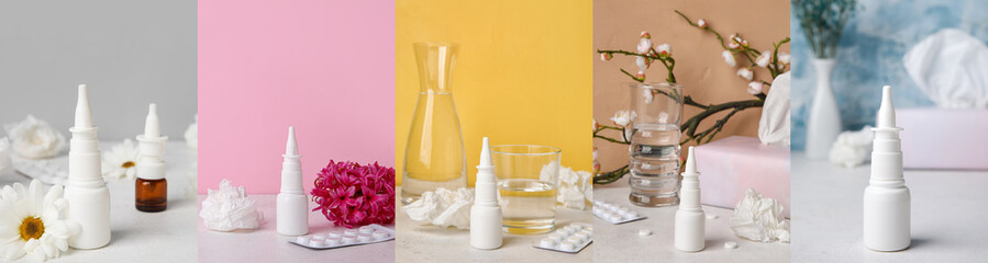 Collage with nasal drops, pills, flowers and tissues. Allergy concept
