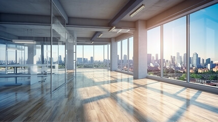 New glass concrete office interior with city view. Generative Ai