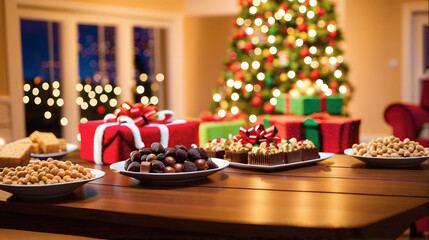 Christmas Dinner table full of dishes with food and snacks, New Year's decor with a Christmas tree on the background
, christmas cake with candles