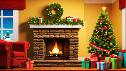 Beautiful Christmas gifts under decorated Christmas tree on floor in living room with fireplace