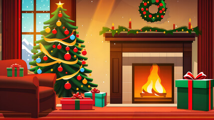 Cozy Christmas scene with decorations, a warm fireplace and a Christmas tree, Merry Christmas, full of seasonal greetings