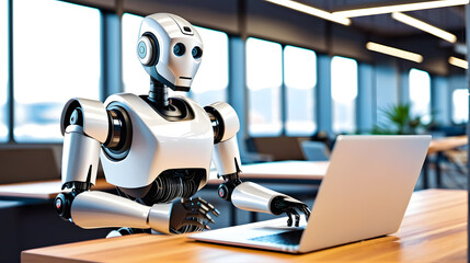 technological robot working on a laptop, person working on laptop