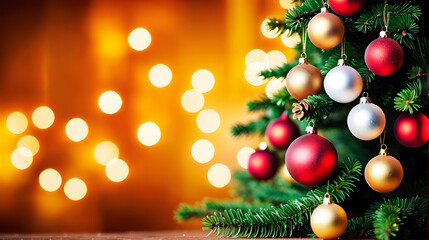 Fototapeta na wymiar christmas tree with lights, Christmas holiday banner, tree, bokeh background