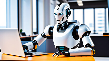 robot with laptop, technological robot working on a laptop