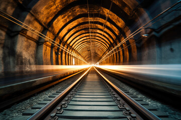 Fototapeta na wymiar A long exposure drive point of a view inside train tracks in the long dark tunnel