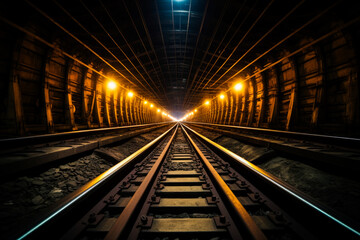 A long exposure drive point of a view inside train tracks in the long dark tunnel
