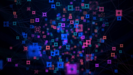 Abstract Digital Futuristic Blue Purple Shiny Selected Focus Random Connected Lines And Square HUD Particles Wireframe Network Background