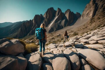 Woman with backpack walking on rocky mountain