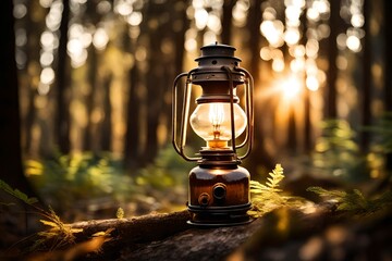 Close-up of kerosene lamp in forest  with in the sun