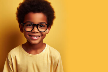 Happy little african american boy with big eyeglasses. Isolated on solid yellow background,copyspace - obrazy, fototapety, plakaty