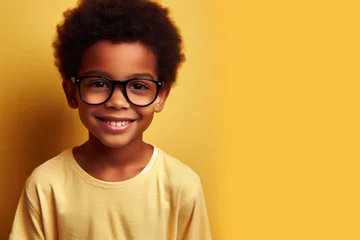 Fotobehang Happy little african american boy with big eyeglasses. Isolated on solid yellow background,copyspace © 2D_Jungle