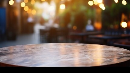 Fototapeta na wymiar empty table marble blur background of street cafe with bokeh light, Advertisement, Print media, Illustration, Banner, for website, copy space, for word, template, presentation