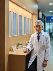 Naklejka na ściany i meble Experienced 70-Year-Old Chinese Male Doctor with Stethoscope: A Lifetime of Healing and Wisdom