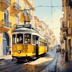 Sun-Kissed Yellow Lisboa Tram: A Bright Journey Through the City's Sunshine - obrazy, fototapety, plakaty