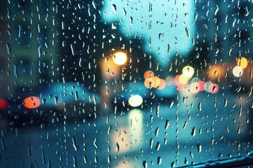 City view through a window on a rainy night,Rain drops on window with road light bokeh. In Night Life. Generative AI.
