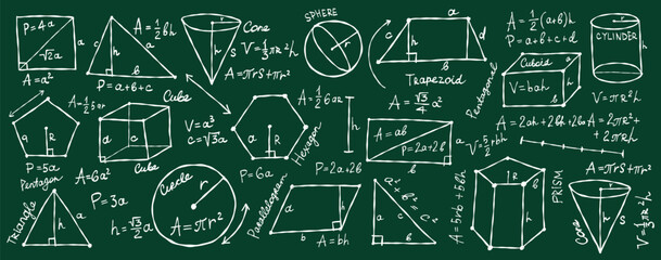 Mathematics and geometry, figures and formulas on dark green background. Banner for school, university and training. Symbols, cheat sheet, mathematics. Hand drawn sketch for your design