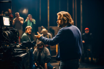 Male film director directing movie scene in a highly equipped studio watching over scenes and making sure they comply with his creative vision - obrazy, fototapety, plakaty