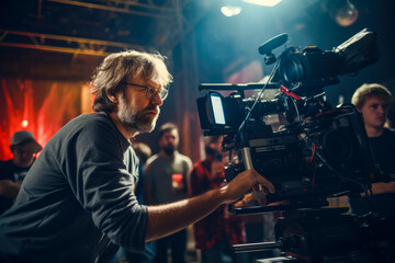 Male film director directing movie scene in a highly equipped studio watching over scenes and making sure they comply with his creative vision