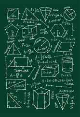 Mathematics and geometry, figures and formulas on dark green background. Vertical card on white background. For school, university and training. Symbols, cheat sheet, mathematics. Hand drawn sketch