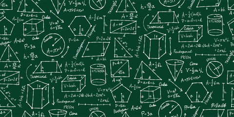 Mathematics and geometry, figures and formulas. Seamless pattern background. For school, university and training. Symbols, cheat sheet, mathematics. Hand drawn sketch for your design - 678932523