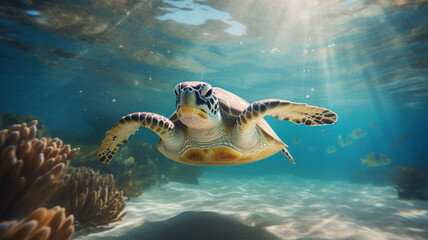 Obraz premium green sea turtle swimming in clear blue waters