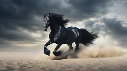 black stallion horse running in the sand - 678932743
