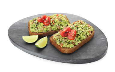 Slices of bread with tasty guacamole and lime isolated on white