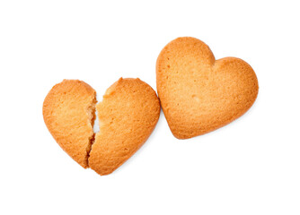 Tasty heart shaped Danish butter cookies isolated on white, top view