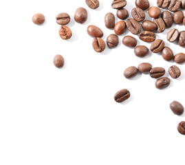 Many roasted coffee beans isolated on white , top view