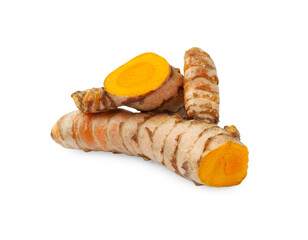 Fresh cut turmeric roots isolated on white