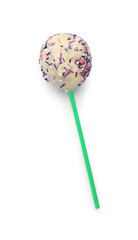 Sweet cake pop decorated with sprinkles isolated on white, top view. Delicious confectionery