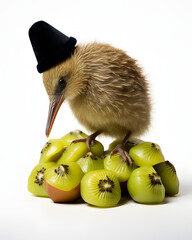 Close op of kiwi bird and kiwi fruit,white,green,brown and black colors,minimal composition,fruit.Creative food concept